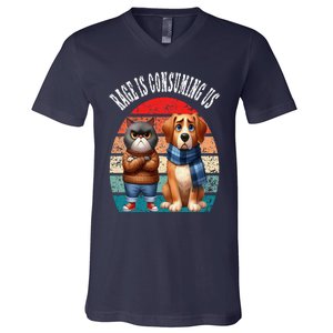 Cat & Dog Retro Silly Staring Rage Is Consuming Us V-Neck T-Shirt