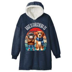 Cat & Dog Retro Silly Staring Rage Is Consuming Us Hooded Wearable Blanket