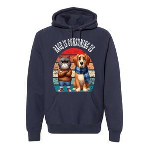 Cat & Dog Retro Silly Staring Rage Is Consuming Us Premium Hoodie