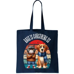 Cat & Dog Retro Silly Staring Rage Is Consuming Us Tote Bag