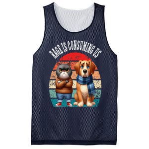 Cat & Dog Retro Silly Staring Rage Is Consuming Us Mesh Reversible Basketball Jersey Tank