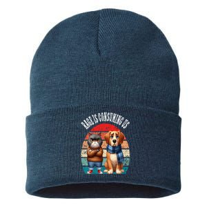 Cat & Dog Retro Silly Staring Rage Is Consuming Us Sustainable Knit Beanie