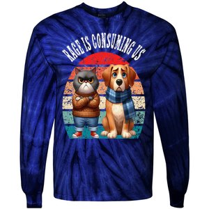 Cat & Dog Retro Silly Staring Rage Is Consuming Us Tie-Dye Long Sleeve Shirt