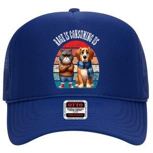 Cat & Dog Retro Silly Staring Rage Is Consuming Us High Crown Mesh Back Trucker Hat