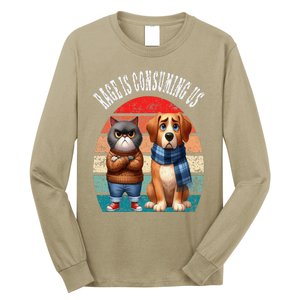 Cat & Dog Retro Silly Staring Rage Is Consuming Us Long Sleeve Shirt