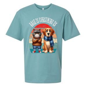 Cat & Dog Retro Silly Staring Rage Is Consuming Us Sueded Cloud Jersey T-Shirt