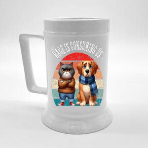 Cat & Dog Retro Silly Staring Rage Is Consuming Us Beer Stein