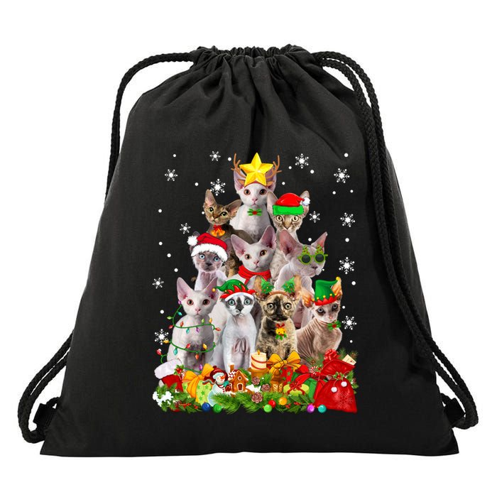 Christmas Devon Rex Cat Funny Xmas Tree Family Matching Gift Drawstring Bag