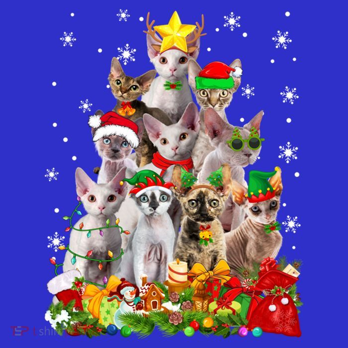 Christmas Devon Rex Cat Funny Xmas Tree Family Matching Gift Stripe Pom Pom Beanie