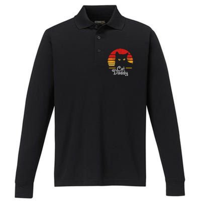 Cat Daddy Retro 70s 80s Black Cat Funny Cat Dad Gifts Performance Long Sleeve Polo