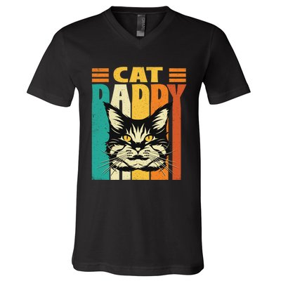 Cat Daddy Retro Vintage FatherS Day Pet Lover V-Neck T-Shirt