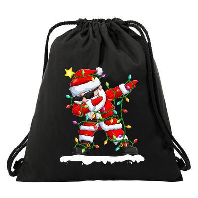 christmas dabbing santa  xmas stree lights  Drawstring Bag