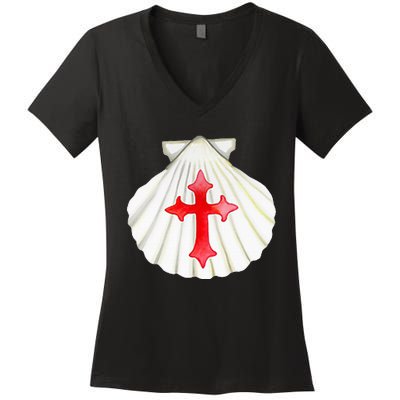 Camino De Santiago Pilgrim Cross Shell Women's V-Neck T-Shirt