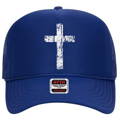 Cross Distressed Style Inspirational Christian Faith High Crown Mesh Back Trucker Hat