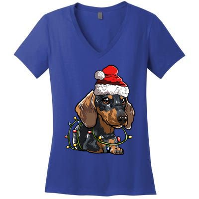Cute Dachshund Santa Christmas Tree Lights Xmas Cute Gift Women's V-Neck T-Shirt