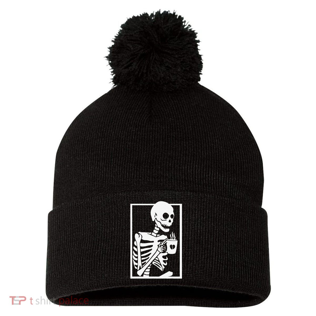 Coffee Drinking Skeleton Lazy DIY Halloween Costume Women Love Pom Pom 12in Knit Beanie