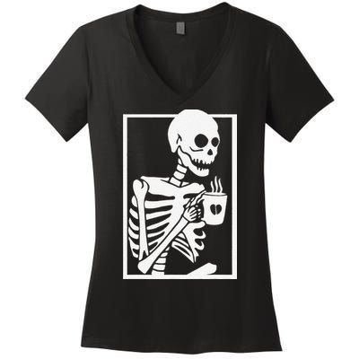 Coffee Drinking Skeleton Lazy DIY Halloween Costume Women Love Women's V-Neck T-Shirt