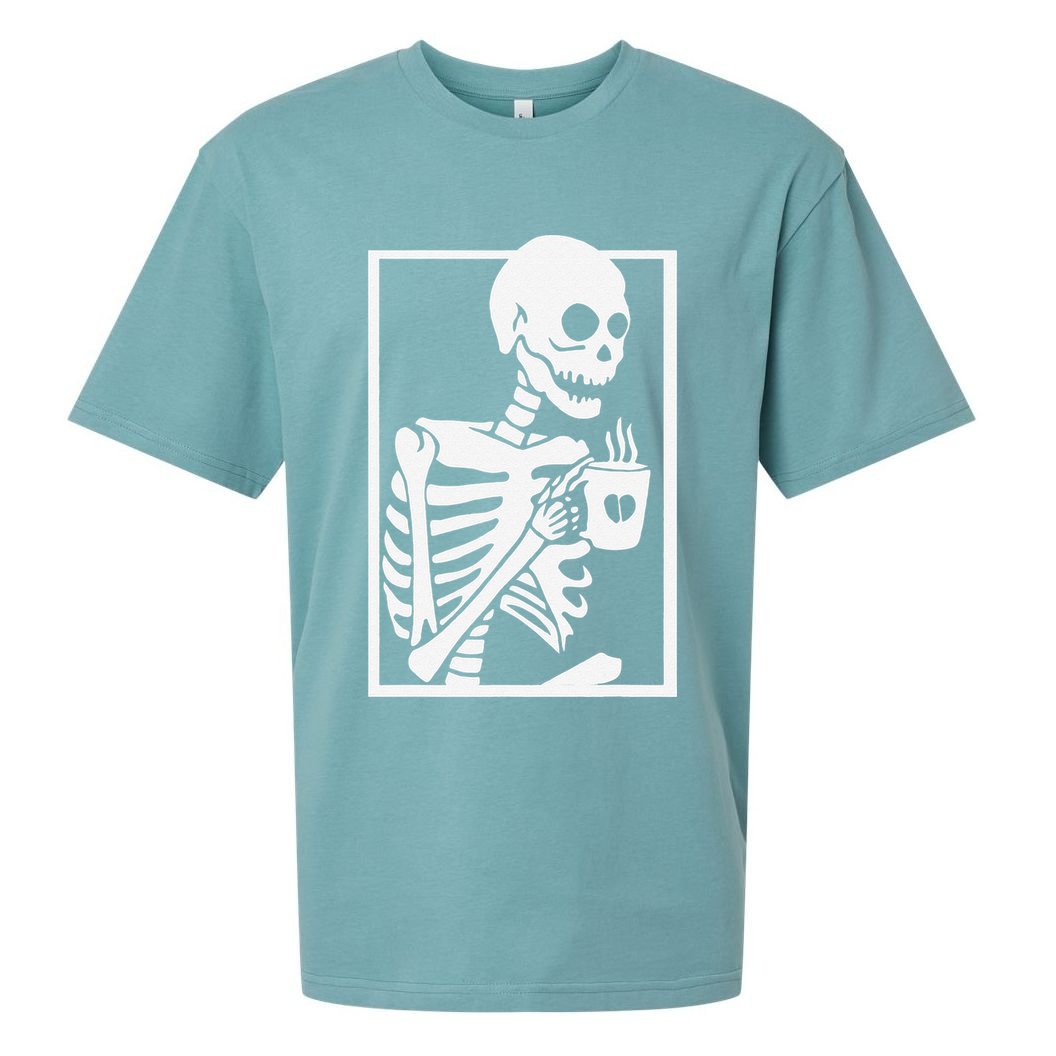 Coffee Drinking Skeleton Lazy DIY Halloween Costume Women Love Sueded Cloud Jersey T-Shirt