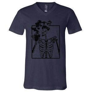 Coffee Drinking Skeleton Skull Halloween Costume V-Neck T-Shirt