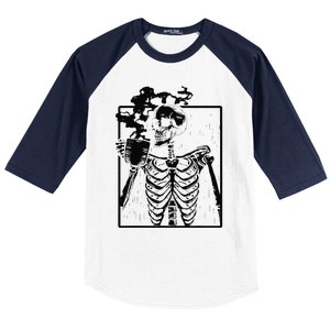 Coffee Drinking Skeleton Skull Halloween Costume Baseball Sleeve Shirt