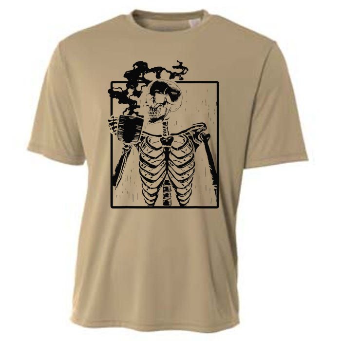 Coffee Drinking Skeleton Skull Halloween Costume Cooling Performance Crew T-Shirt