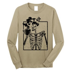 Coffee Drinking Skeleton Skull Halloween Costume Long Sleeve Shirt