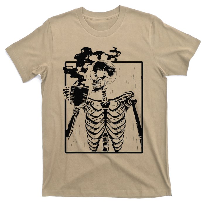 Coffee Drinking Skeleton Skull Halloween Costume T-Shirt