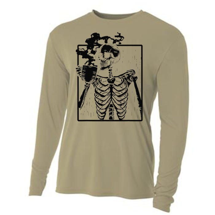 Coffee Drinking Skeleton Skull Halloween Costume Cooling Performance Long Sleeve Crew