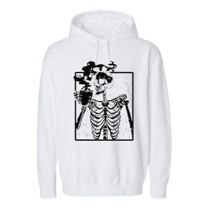 Coffee Drinking Skeleton Skull Halloween Costume Garment-Dyed Fleece Hoodie