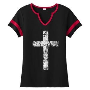 Cross Distressed Style Inspirational Christian Faith Ladies Halftime Notch Neck Tee