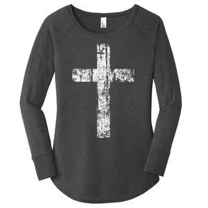 Cross Distressed Style Inspirational Christian Faith Women's Perfect Tri Tunic Long Sleeve Shirt