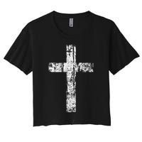 Cross Distressed Style Inspirational Christian Faith Women's Crop Top Tee