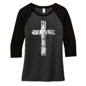 Cross Distressed Style Inspirational Christian Faith Women's Tri-Blend 3/4-Sleeve Raglan Shirt