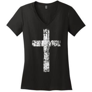 Cross Distressed Style Inspirational Christian Faith Women's V-Neck T-Shirt