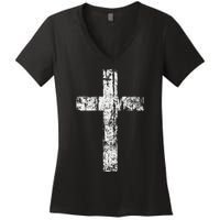 Cross Distressed Style Inspirational Christian Faith Women's V-Neck T-Shirt