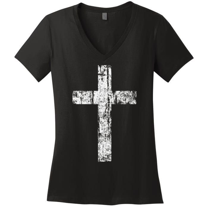 Cross Distressed Style Inspirational Christian Faith Women's V-Neck T-Shirt