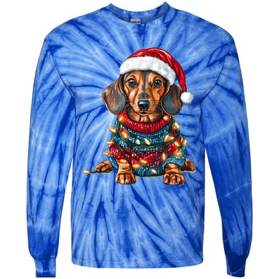 Cute Dachshund Santa Hat Merry Christmas Doxie Dog Mom Dad Gift Tie-Dye Long Sleeve Shirt