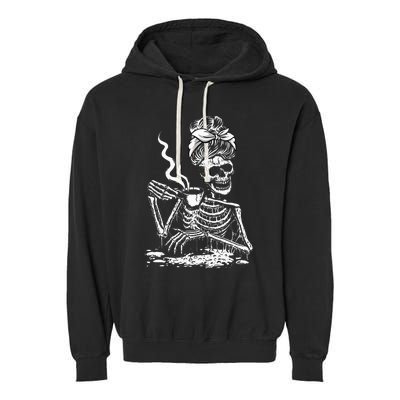 Coffee Drinking Skeleton Lazy DIY Halloween Costume Garment-Dyed Fleece Hoodie