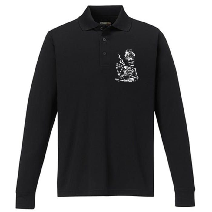 Coffee Drinking Skeleton Lazy DIY Halloween Costume Performance Long Sleeve Polo