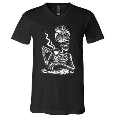 Coffee Drinking Skeleton Lazy DIY Halloween Costume V-Neck T-Shirt