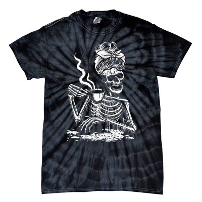 Coffee Drinking Skeleton Lazy DIY Halloween Costume Tie-Dye T-Shirt