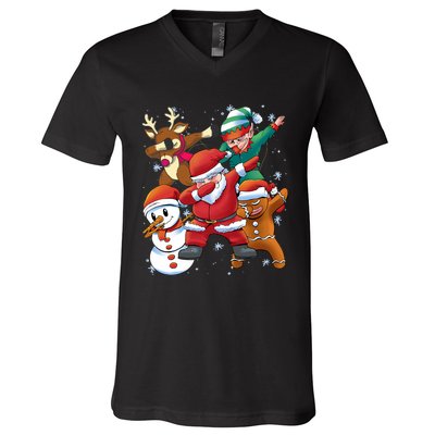 Christmas Dabbing Santa Elf Deer Gingerbread Man & Snowman V-Neck T-Shirt