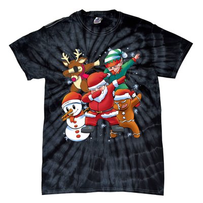 Christmas Dabbing Santa Elf Deer Gingerbread Man & Snowman Tie-Dye T-Shirt