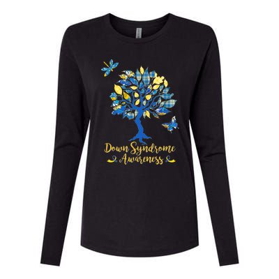 Cute Down Syndrome Awareness Blue Yellow Tree Womens Cotton Relaxed Long Sleeve T-Shirt