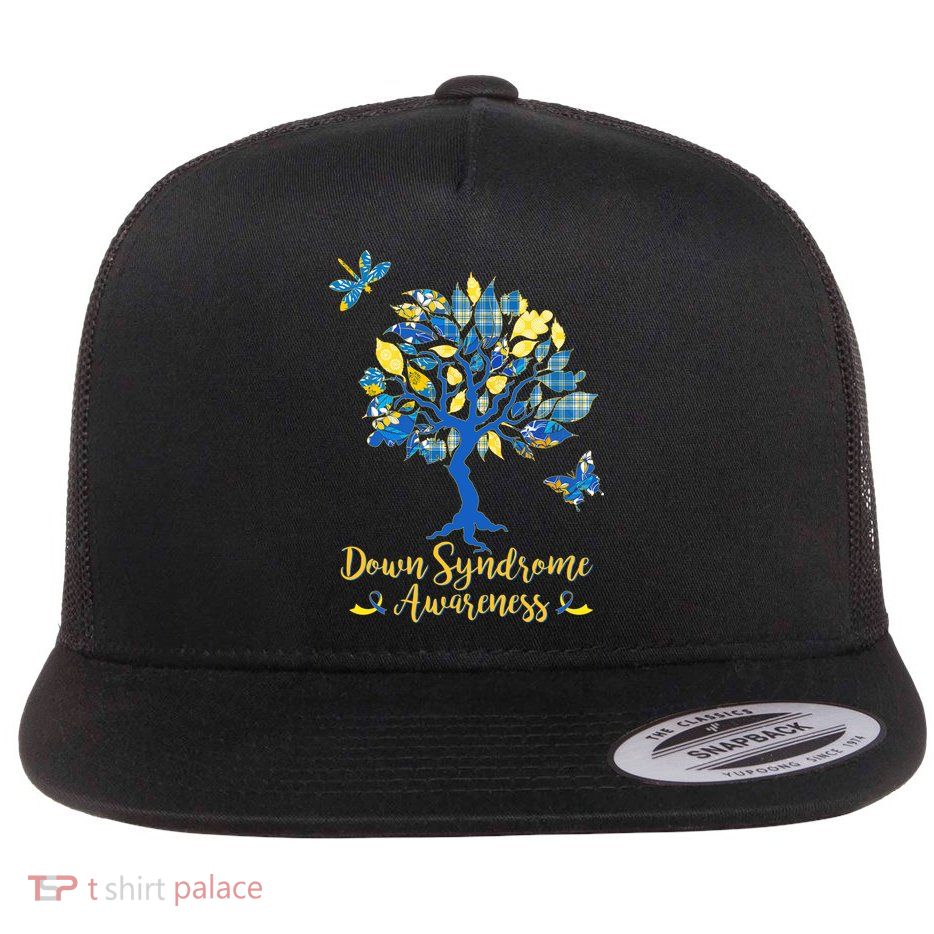 Cute Down Syndrome Awareness Blue Yellow Tree Flatbill Hat