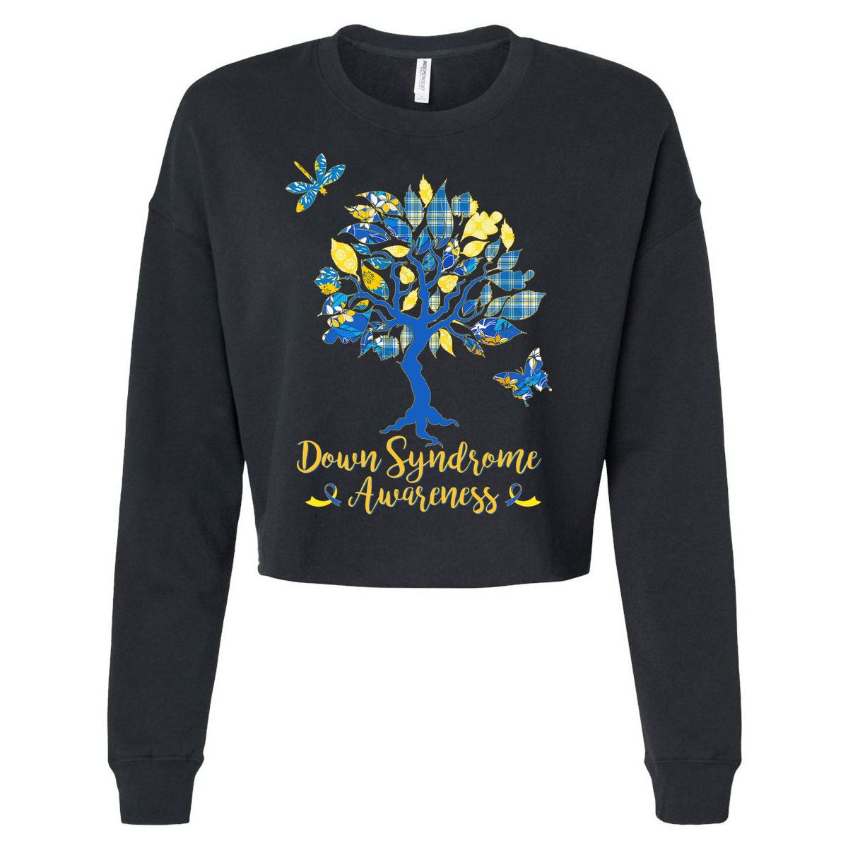 Cute Down Syndrome Awareness Blue Yellow Tree Cropped Pullover Crew