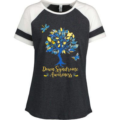 Cute Down Syndrome Awareness Blue Yellow Tree Enza Ladies Jersey Colorblock Tee