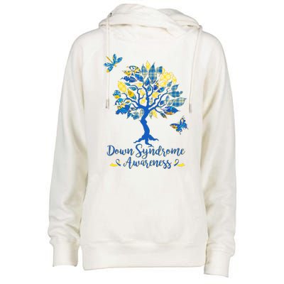 Cute Down Syndrome Awareness Blue Yellow Tree Womens Funnel Neck Pullover Hood