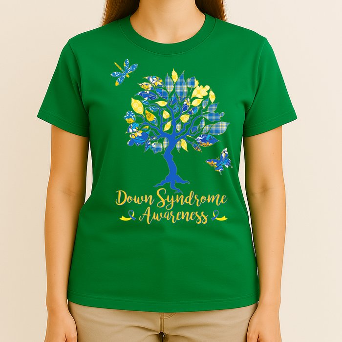 Cute Down Syndrome Awareness Blue Yellow Tree T-Shirt