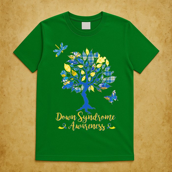 Cute Down Syndrome Awareness Blue Yellow Tree T-Shirt